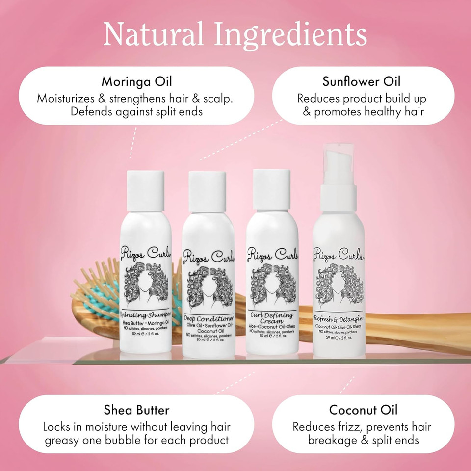 Rizos Curls 4-Step Travel Kit For Curly Hair: Curl Defining Cream, Shampoo, Conditioner, Refresh & Detangle (2 Fl Oz Each)