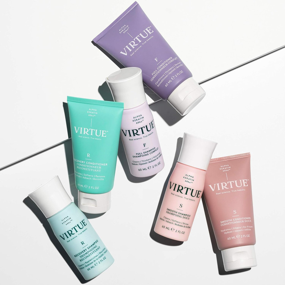 Virtue Smooth Shampoo & Conditioner Set | Travel Size | Alpha Keratin Smooths Frizzy, Coarse, Curly Hair | Sulfate Free, Paraben Free, Color Safe