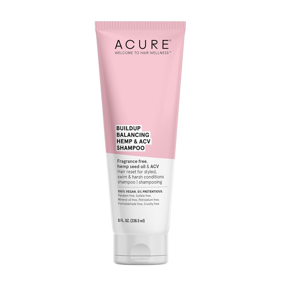 Acure Buildup Balancing Hemp & Apple Cider Vinegar Shampoo | 100% Vegan | Resets & Balances Hair For Styled, Swim & Harsh Conditions | Fragrance Free Formula | 8 Fl Oz