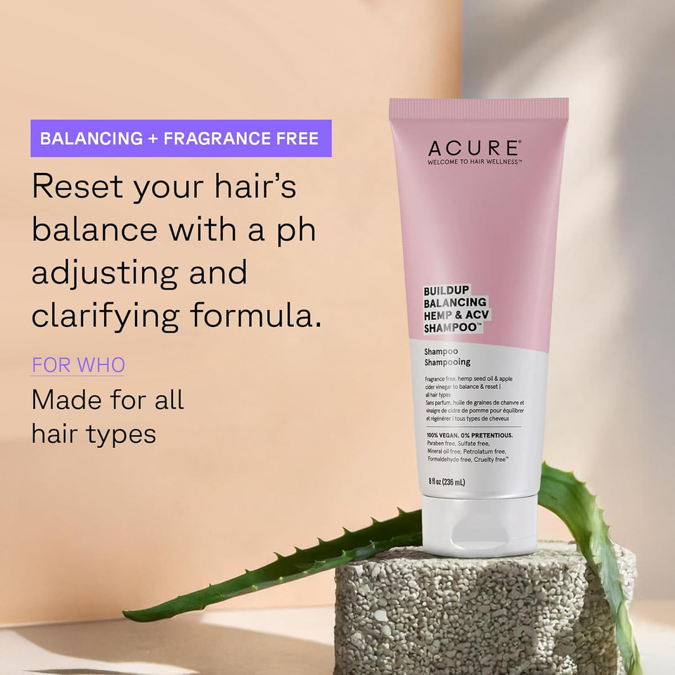 Acure Buildup Balancing Hemp & Apple Cider Vinegar Shampoo | 100% Vegan | Resets & Balances Hair For Styled, Swim & Harsh Conditions | Fragrance Free Formula | 8 Fl Oz