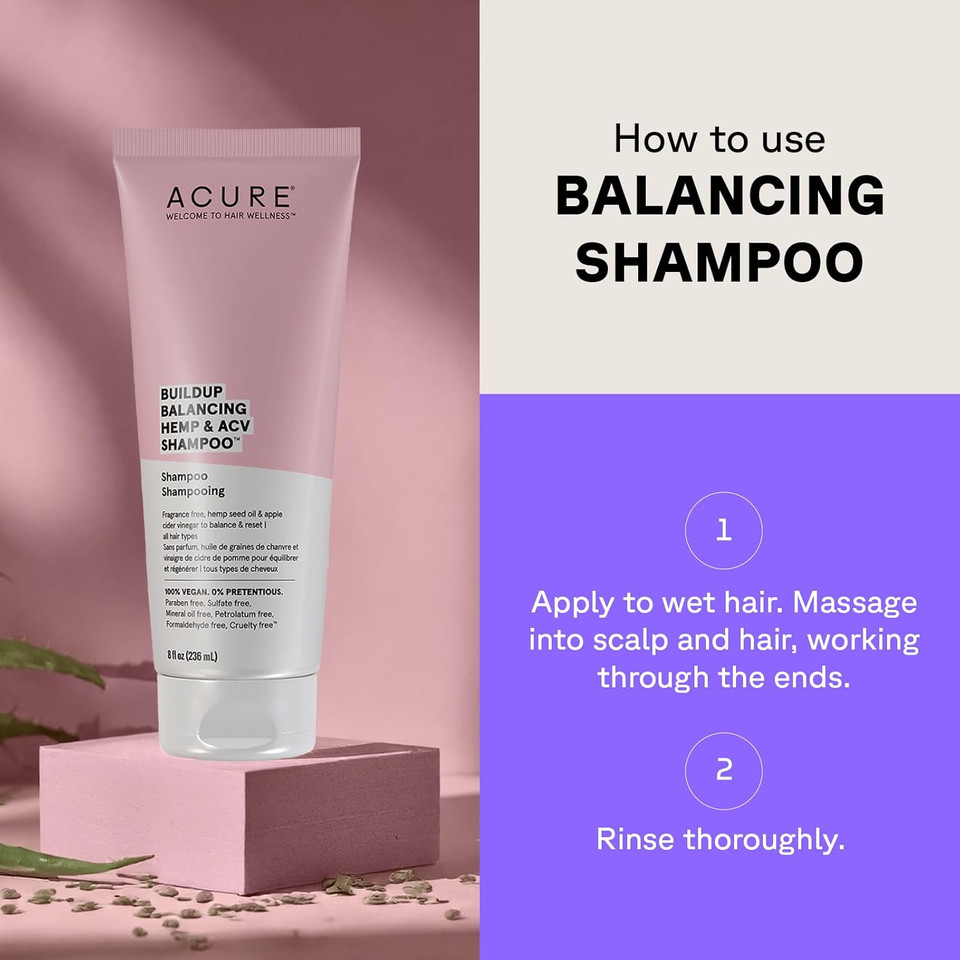 Acure Buildup Balancing Hemp & Apple Cider Vinegar Shampoo | 100% Vegan | Resets & Balances Hair For Styled, Swim & Harsh Conditions | Fragrance Free Formula | 8 Fl Oz