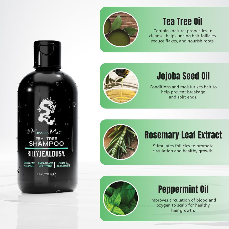 Billy Jealousy Monsoon Mist Tea Tree Energizing Men'S Shampoo With Peppermint & Rosemary, Removes Oil Build-Up And Soothes Scalp Itch & Irritation, 8 Oz