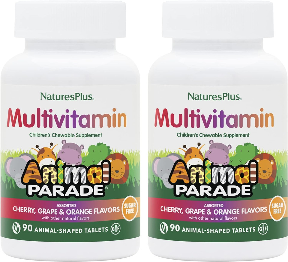 NaturesPlus Animal Parade Sugar-Free Children's Multivitamin - Assorted Cherry, Grape & Orange Flavors - Pack of 2, 90 Chewable Tablets - 90 Total Servings