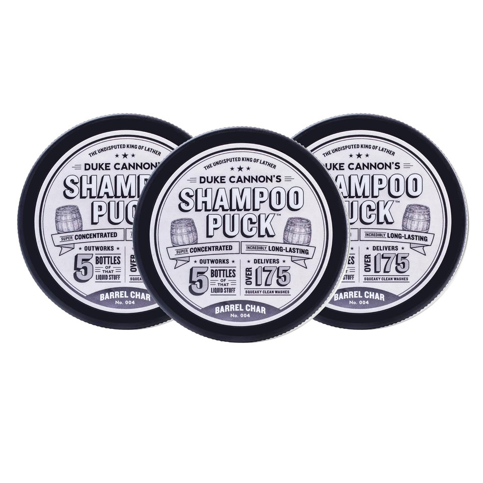 Duke Cannon Supply Co. Shampoo Puck For Men Barrel Char No. 004 Multi-Pack - Eco Friendly, Plastic Free, Solid Shampoo, Super Concentrated, Long-Lasting, Tsa Approved, Sulfate-Free, 4.5 Oz (3 Pack)