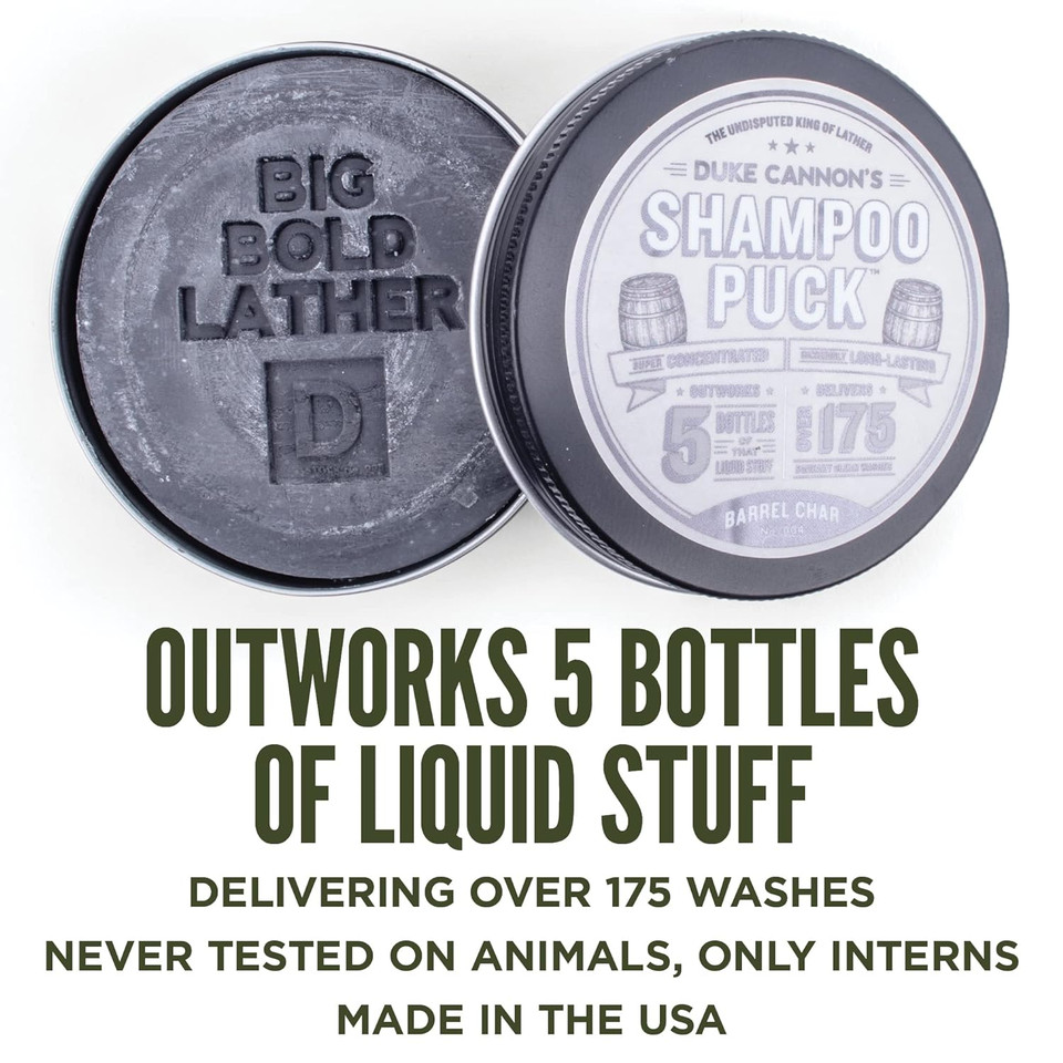 Duke Cannon Supply Co. Shampoo Puck For Men Barrel Char No. 004 Multi-Pack - Eco Friendly, Plastic Free, Solid Shampoo, Super Concentrated, Long-Lasting, Tsa Approved, Sulfate-Free, 4.5 Oz (3 Pack)
