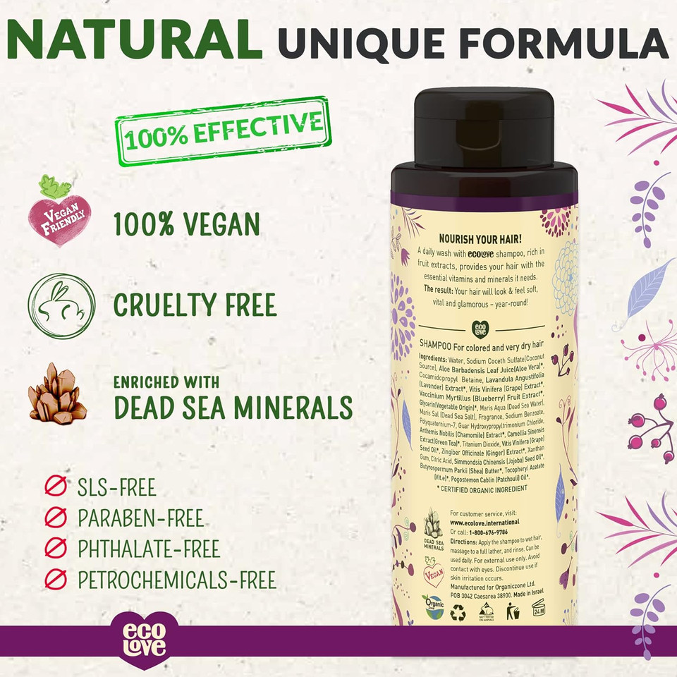 Ecolove - Natural Shampoo, Sodium Lauryl Sulfate Free, Vegan & Cruelty Free Shampoo For Color Treated Hair, Very Dry & Damaged Hair, Organic Lavender Shampoo, No Sls Or Parabens, 17.6 Oznatural Lavender