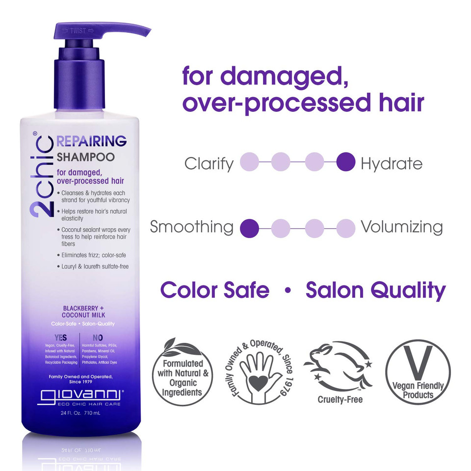 Giovanni 2Chic Ultra-Repairing Shampoo - For Damaged, Over-Processed Hair, Helps Restore Hair'S Natural Elasticity, Blackberry & Coconut Oil, Argan, Shea Butter, Color Safe - 24 Oz Giovanni 2Chic Ultra-Repairing Shampoo - For Damaged, Over-Processed Hair, Helps Restore Hair'S Natural Elasticity, Blackberry & Coconut Oil, Argan, Shea Butter, Color Safe - 24 Oz