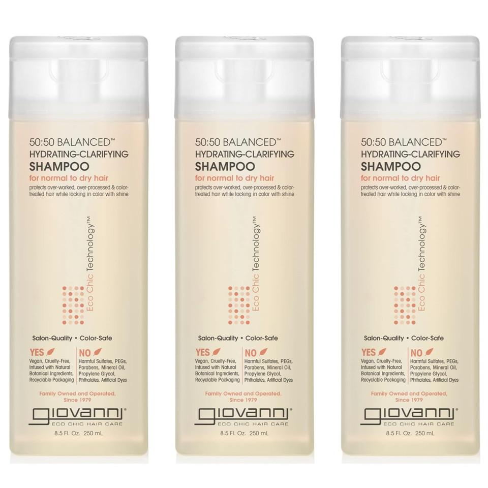 Giovanni Eco Chic 50:50 Balanced Hydrating Clarifying Shampoo - Ph Balanced For Over-Processed Hair, Provides Moisture & Protection, Salon Quality, No Parabens, Color Safe - 8.5 Oz (3 Pack)