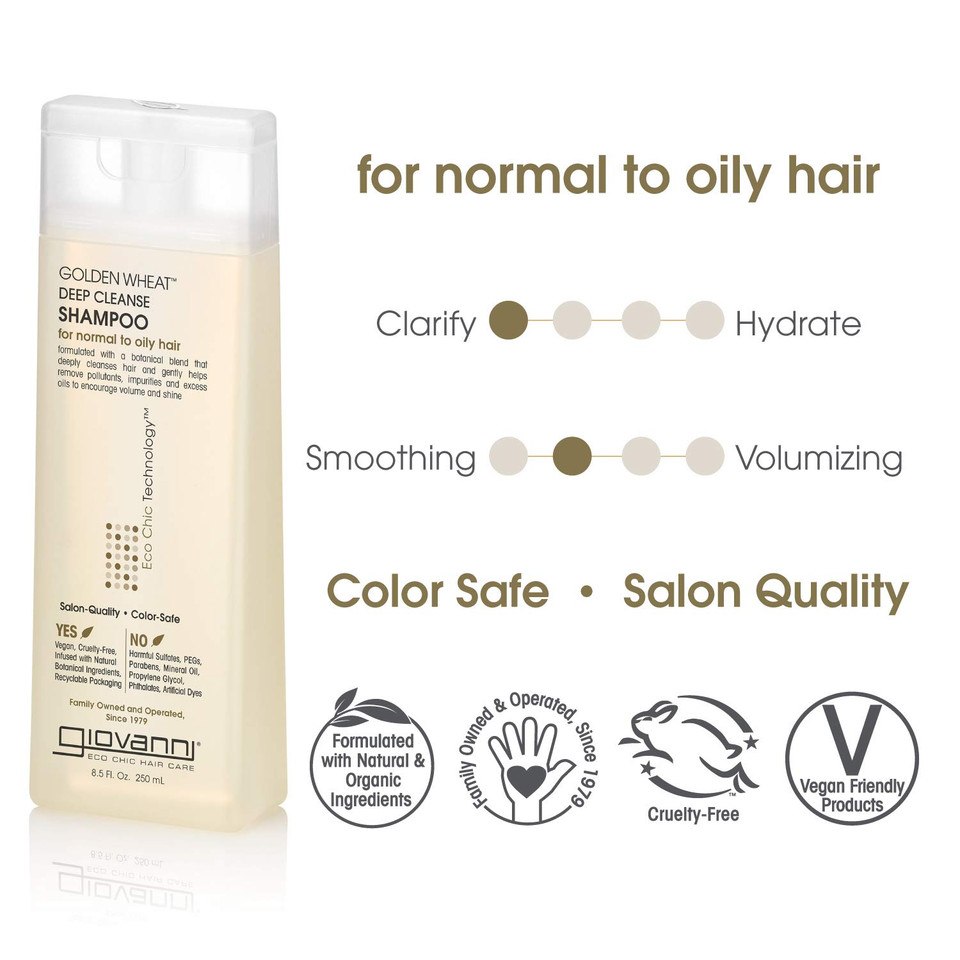 Giovanni Eco Chic Golden Wheat Deep Cleanse Shampoo - Shampoo For Oily Hair, Deep Cleansing With Botanical Oils, Helps Encourages Volume & Shine, Color Safe - Spearmint Oil + Aloe Vera, 8.5 Oz