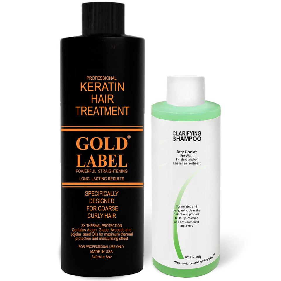 Gold Label Professional Keratin Blowout Treatment 240 Milliliter With Clarifying Shampoo Specifically Designed For Coarse Curly Black, African, Dominican And Brazilian Hair Types Super Enhanced Formula