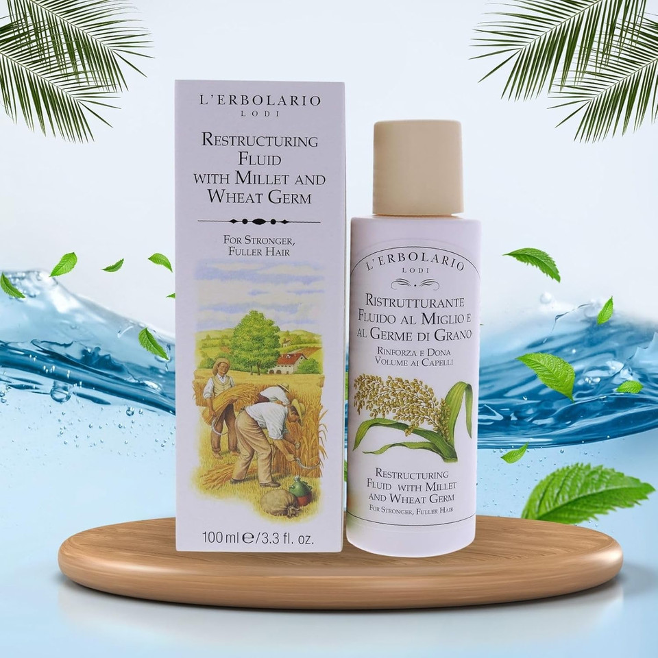 L'Erbolario Millet And Wheat Restructuring Fluid - Re-Compacting And Protective Treatment - Hair Serum To Repair The External Surface - For Stronger, Fuller Hair - Prevents Split Ends - 3.3 Oz