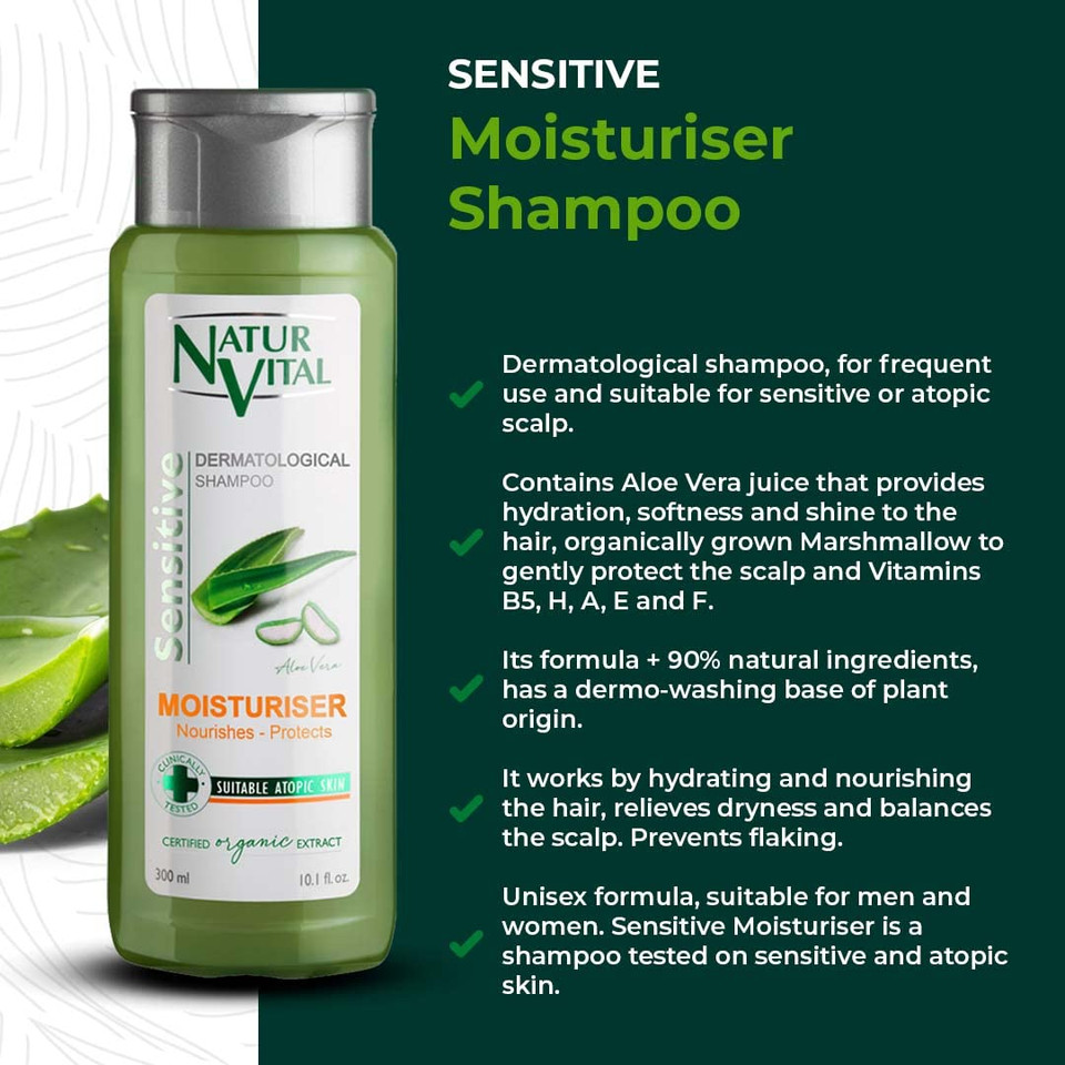 Natur Vital Sensitive Shampoo Moisturizer With Organic Grown Aloe Vera Extract Suitable For Dry, Treated Hair & Sensitive Scalp Hypoallergenic - 300 Ml