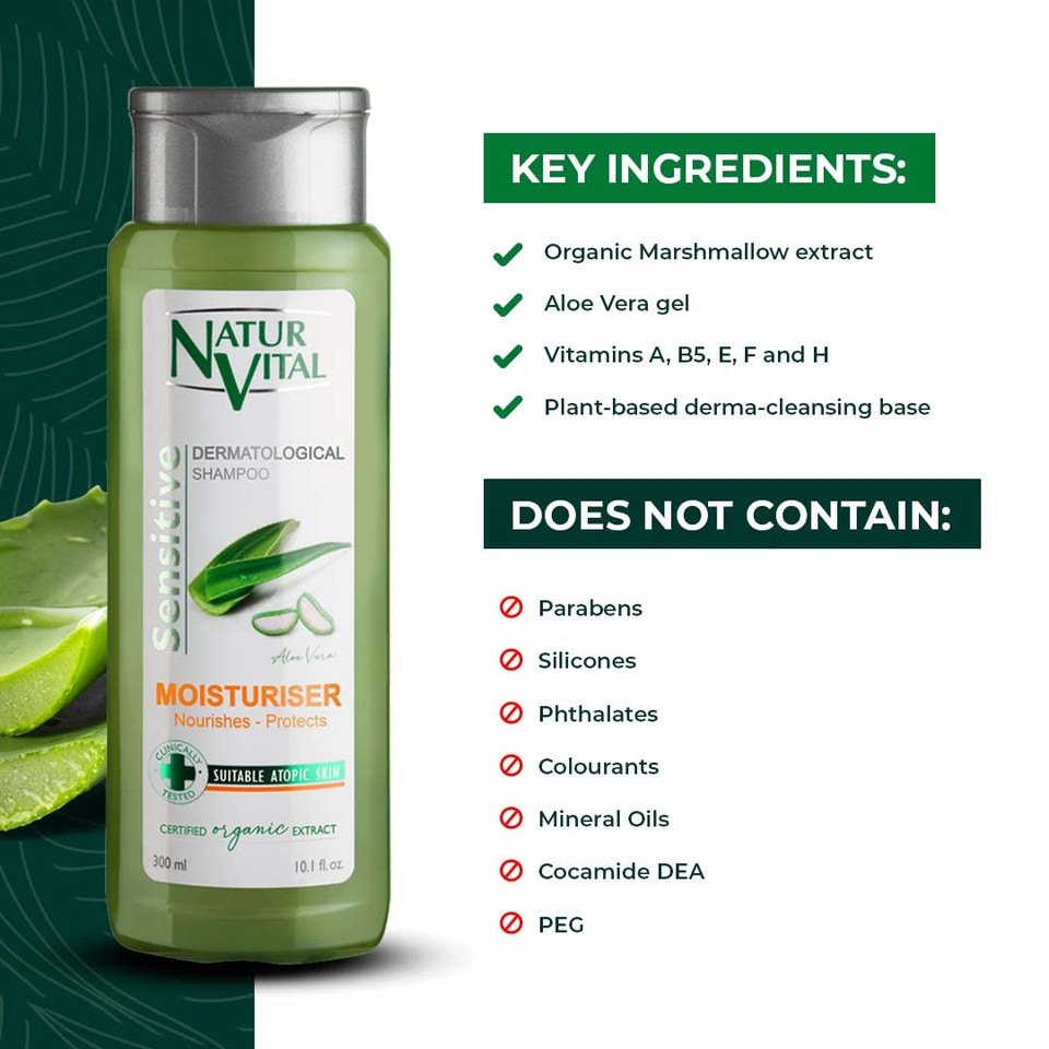 Natur Vital Sensitive Shampoo Moisturizer With Organic Grown Aloe Vera Extract Suitable For Dry, Treated Hair & Sensitive Scalp Hypoallergenic - 300 Ml