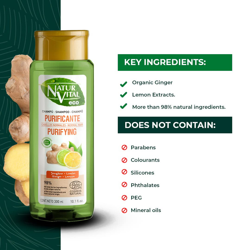 Naturvital Unisex Organic, Natural Eco Purifying Shampoo With Lemon & Ginger Extracts - Certified Natural