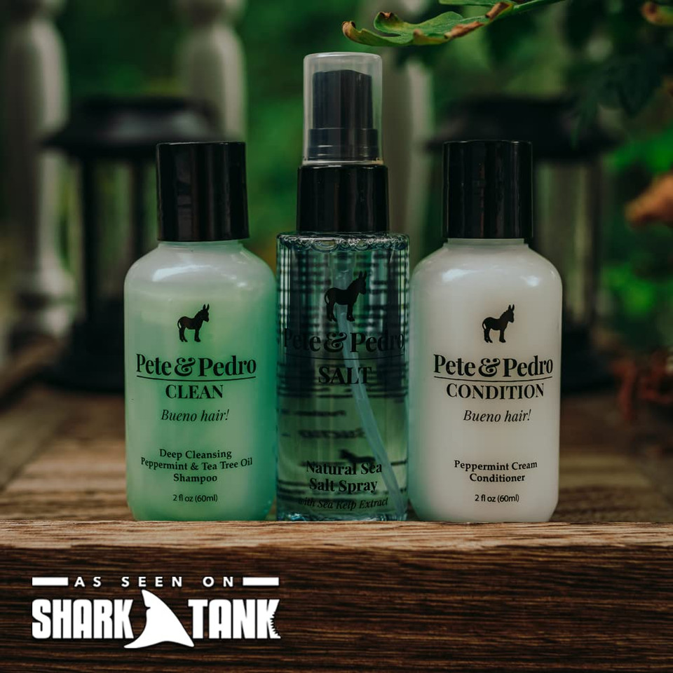 Pete & Pedro TRIFECTA HAIR KIT - Men's Trial & Travel Size Trio Of Tea Tree Oil Shampoo, Peppermint Conditioner, & Sea Salt Spray | As Seen on Shark Tank, 2 oz. Each