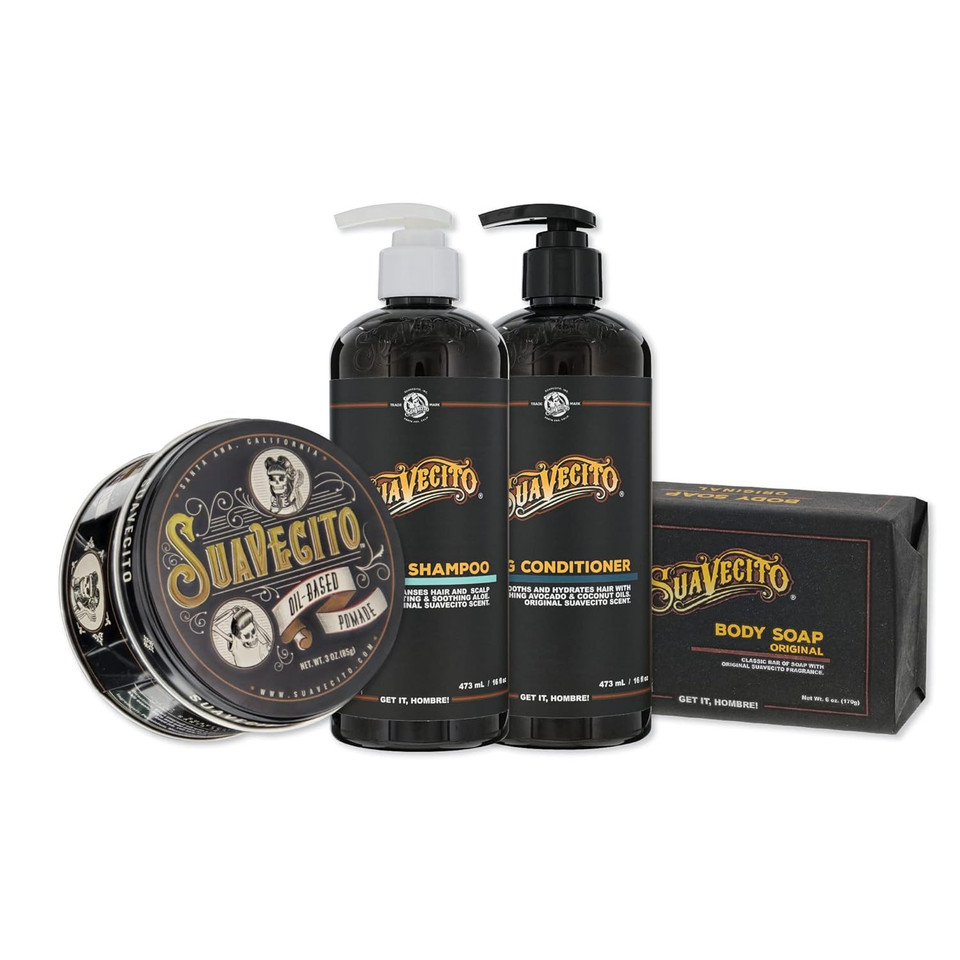 Suavecito Hair & Body Essentials Bundle: Oil Based Hair Styling Pomade, Moisturizing Body Soap, Hydrating Shampoo & Nourishing Conditionerã¢Â