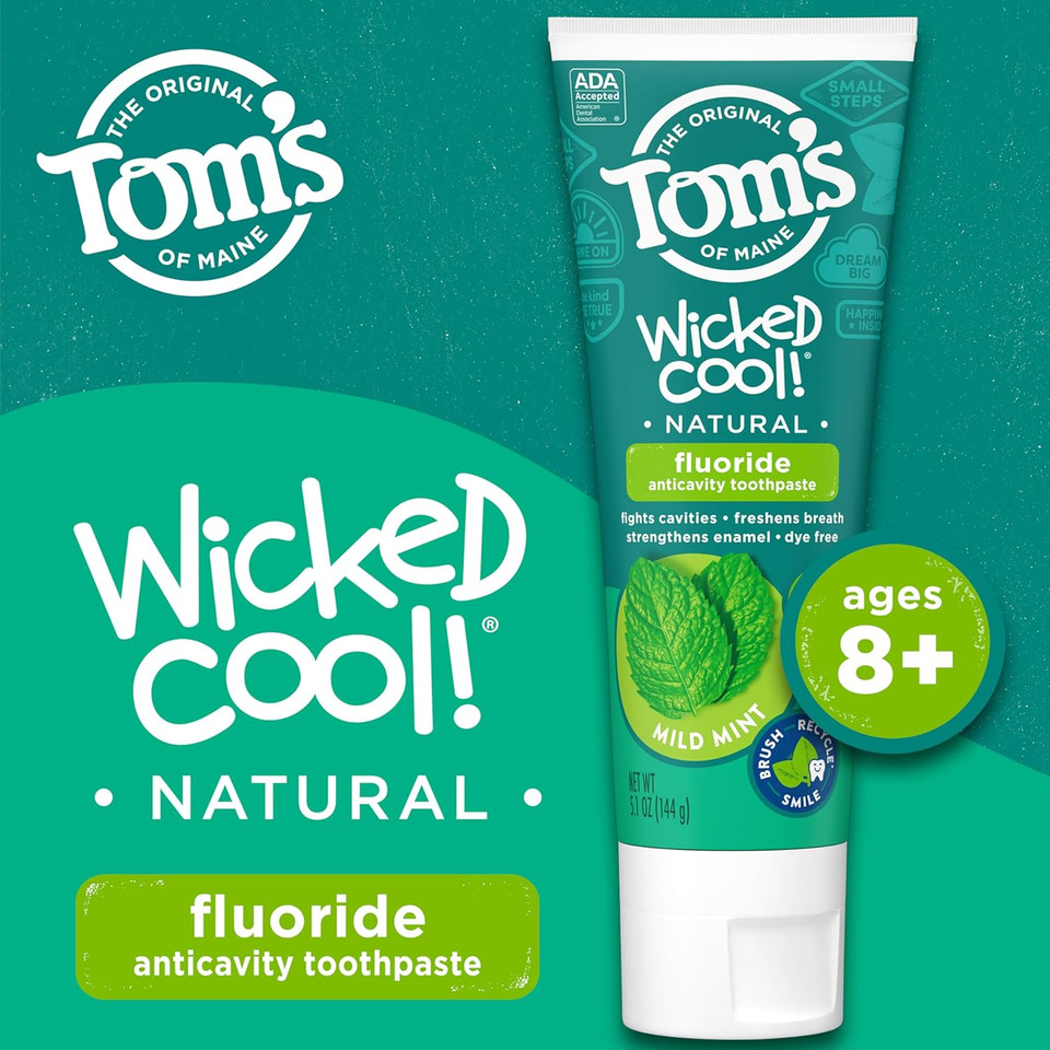 Tom'S Of Maine Ada Approved Wicked Cool! Fluoride Children'S Toothpaste, Natural Toothpaste, Dye Free, No Artificial Preservatives, Mild Mint, 5.1 Oz. 3-Pack (Packaging May Vary)5.1 Ounce (Pack Of 3)