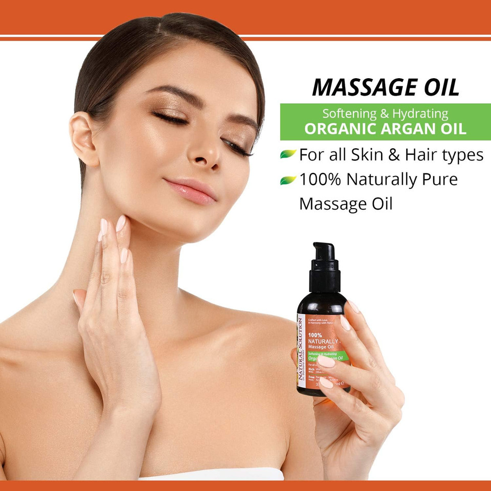 Natural Solution 100% Naturally Pure Massage Oil,For Aromatherapy Relaxing Massage,Organic Argan Oil,Jojoba Oil & Olive Oil,Hair & Skin Care Benefits,Softening & Hydrating - 3.4 Oz Oily 8606B