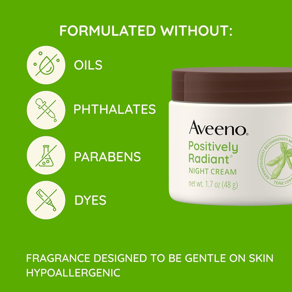 Aveeno Positively Radiant Moisturizing Face & Neck Night Cream With Tone Correcting Soy & Niacinamide, Night Cream Targets Dull Skin & Evens Skin Tone & Texture, Hypoallergenic, 1.7 Oz