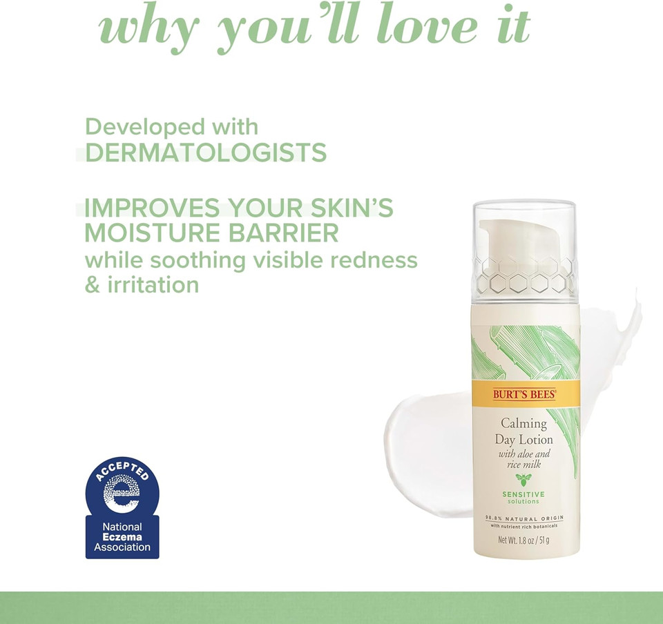 Burt'S Bees Sensitive Solutions Calming Day Lotion With Aloe And Rice Milk, 98.8% Natural Origin, 1.8 Fluid Ounces