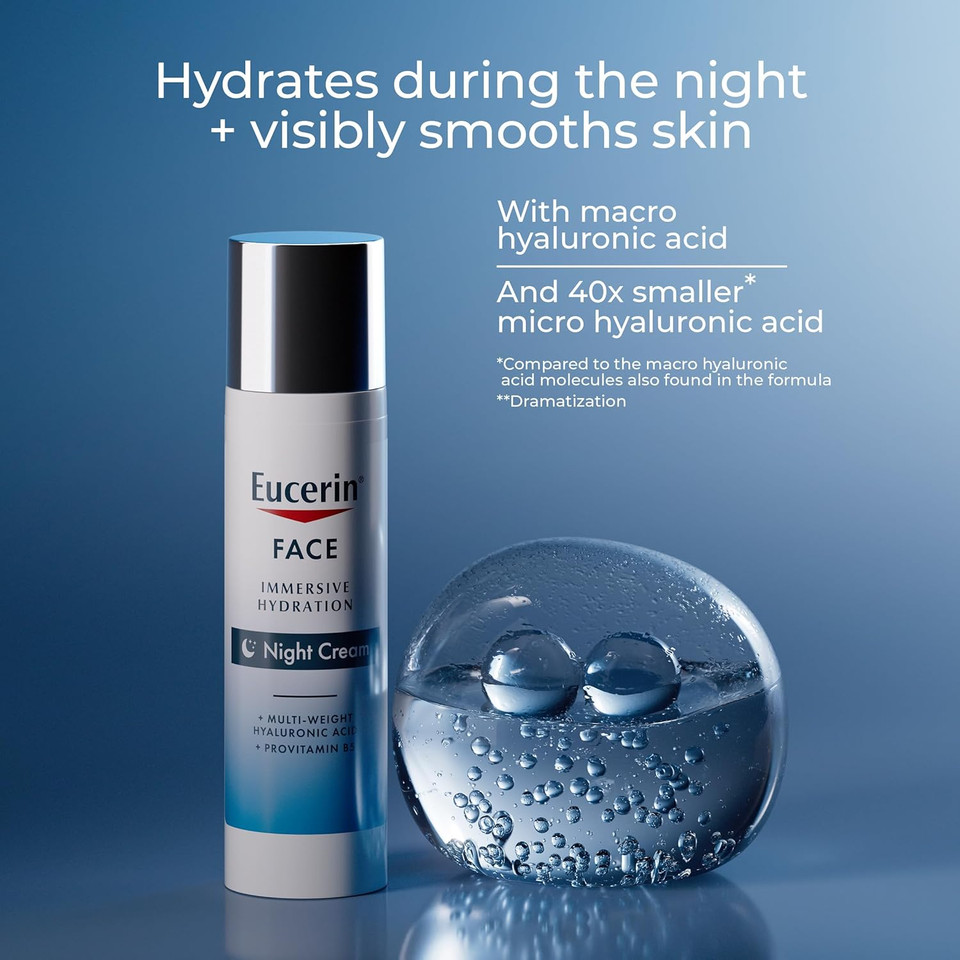 Eucerin Face Immersive Hydration Night Cream With Hyaluronic Acid And Provitamin B5, Ultra-Lightweight Face Moisturizer Smooths Fines Lines And Wrinkles, 2.5 Oz Bottle