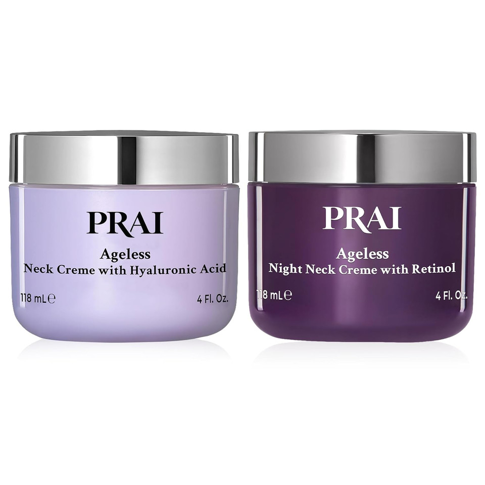 Prai Beauty Ageless Day And Night Neck Creme Set | 1 Throat & Decolletage Day Creme And 1 Throat & Decolletage Night Creme | Skin Tightening Cream Set For Instantly Ageless Neck | 4.0 Oz Each