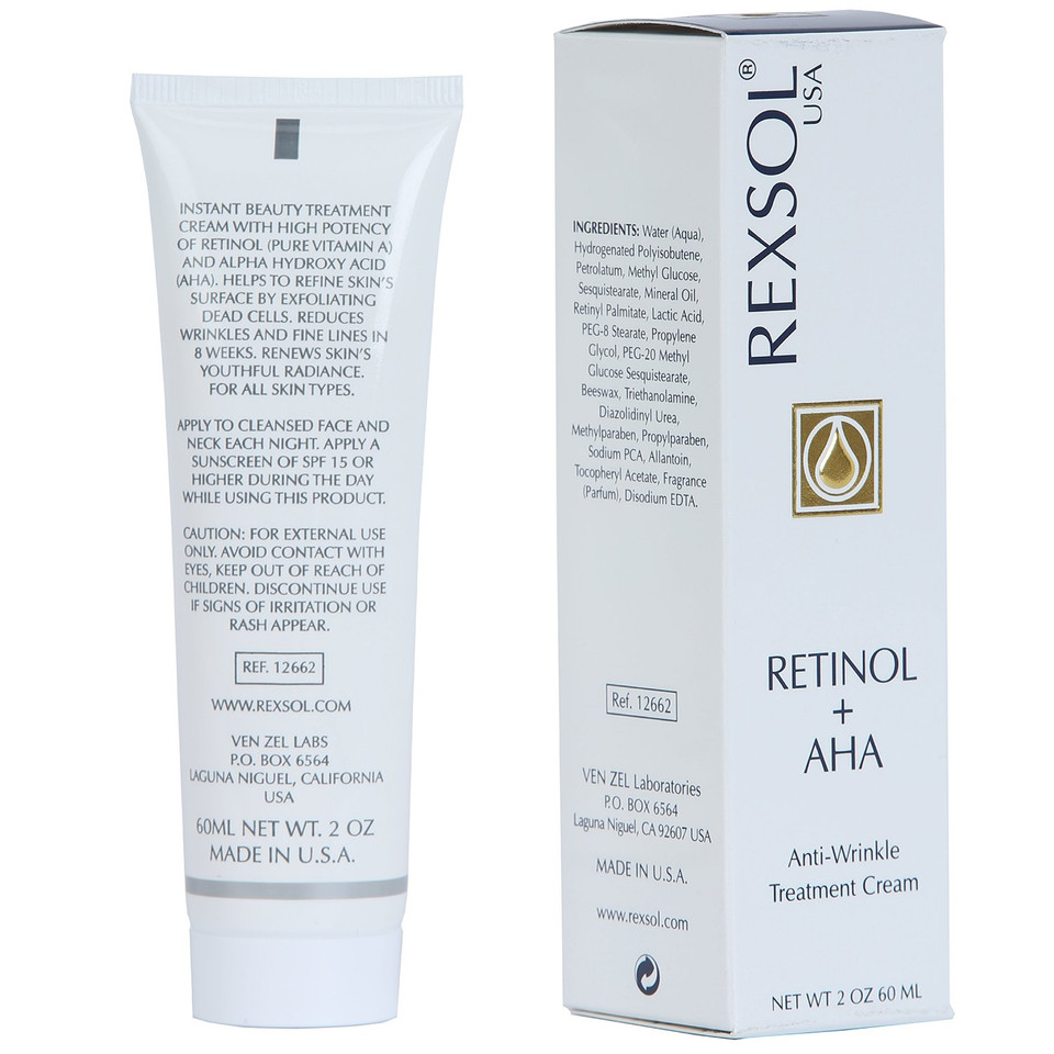 Rexsol Retinol + Aha Anti-Wrinkle Treatment Cream | With Pure Vitamin A And Vitamin E | Beeswax | Effectively Diminishing Fine Lines & Wrinkles, Age Spots & Pigment.(60 Ml / 2 Fl Oz)