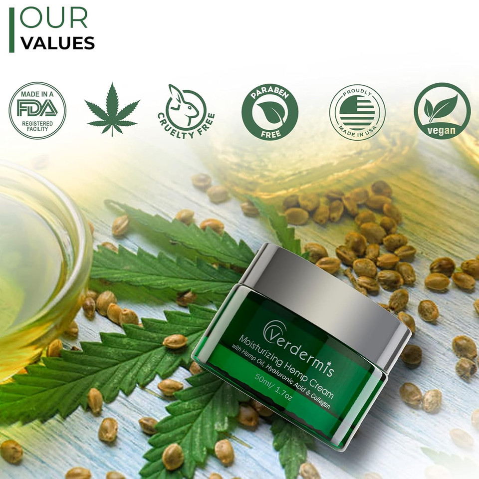 Verdermis Moisturizing Hemp Cream With Hemp Oil, Hyaluronic Acid, Collagen, Omega 3,6 Vitamins, And Peptides. For Optimal Hydration Day And Night 24/7