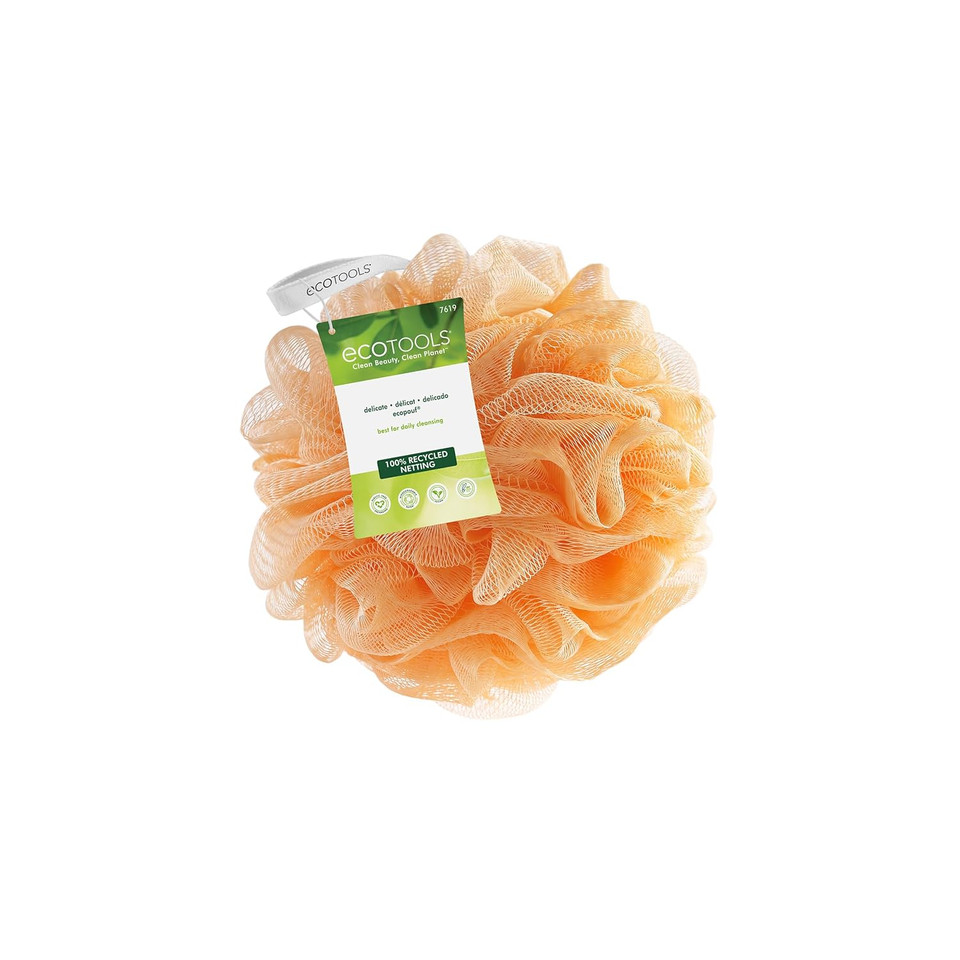 Ecotools Delicate Ecopouf Bath Loofah, Recycled Netting, Gentle Bath Sponge, Exfoliates & Cleanses Skin, For Shower & Bath Routine, Eco-Friendly, Vegan, & Cruelty-Free, Orange, 1 Count