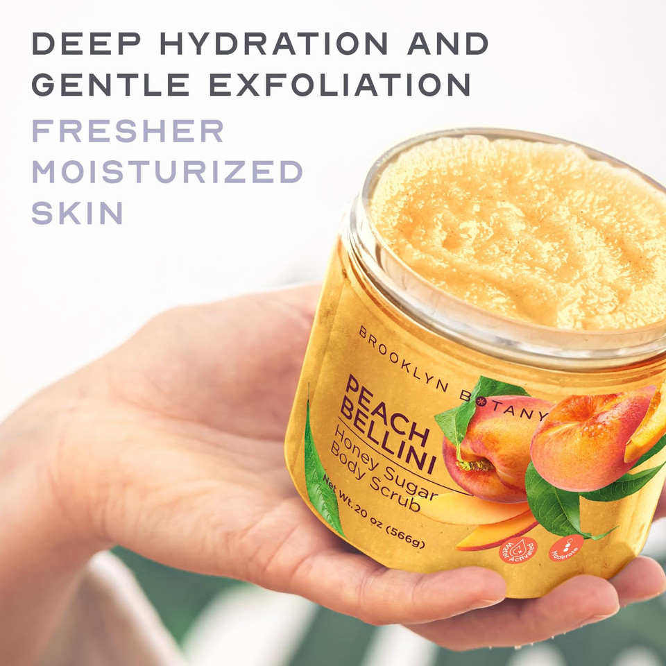 Brooklyn Botany Peach Bellini Honey Sugar Scrub For Body 20 Oz  Deeply Hydrating And Gently Exfoliating Body Scrub For Women And Men  Moisturizing And Nourishing The Skin