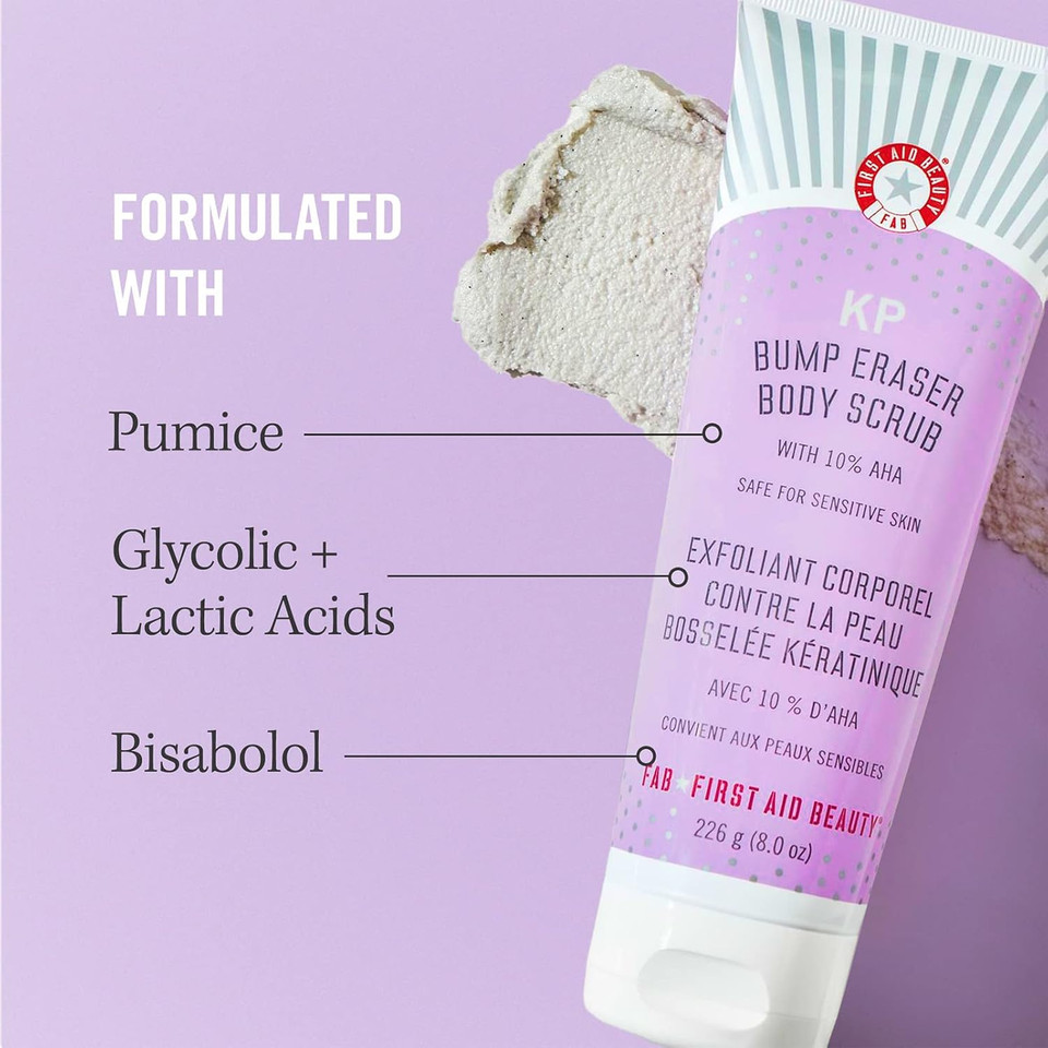 First Aid Beauty Smooth Operators Trio  3 Exfoliating Favorites  Kp Bump Eraser Body Scrub With10% Aha, 8 Oz, Kp Smoothing Body Lotion, 6 Oz, & Ingrown Hair Pads, 28 Count