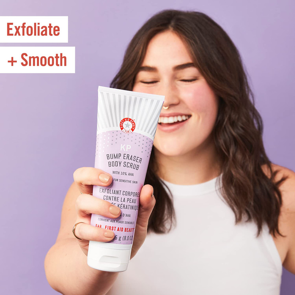 First Aid Beauty Bundle: Kp Bump Eraser Body Scrub With 10% Aha  8 Oz  And Ingrown Hair Pads With Bha & Aha  28 Pads