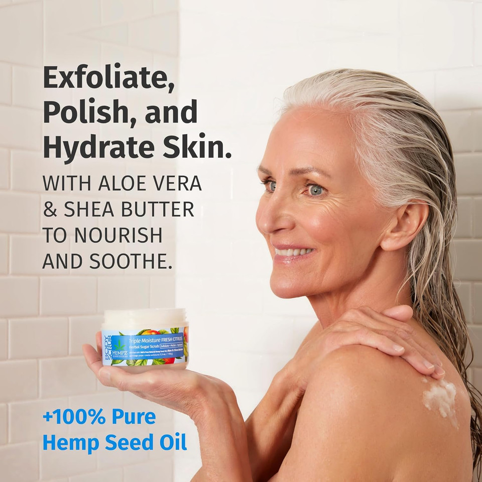 Hempz Triple Moisture Sugar Body Scrub - Grapefruit & Peach - All Natural Exfoliating Shea Butter, Sugar, And Salt - For Women, Men, And Teens - 7.3 Fl Oz