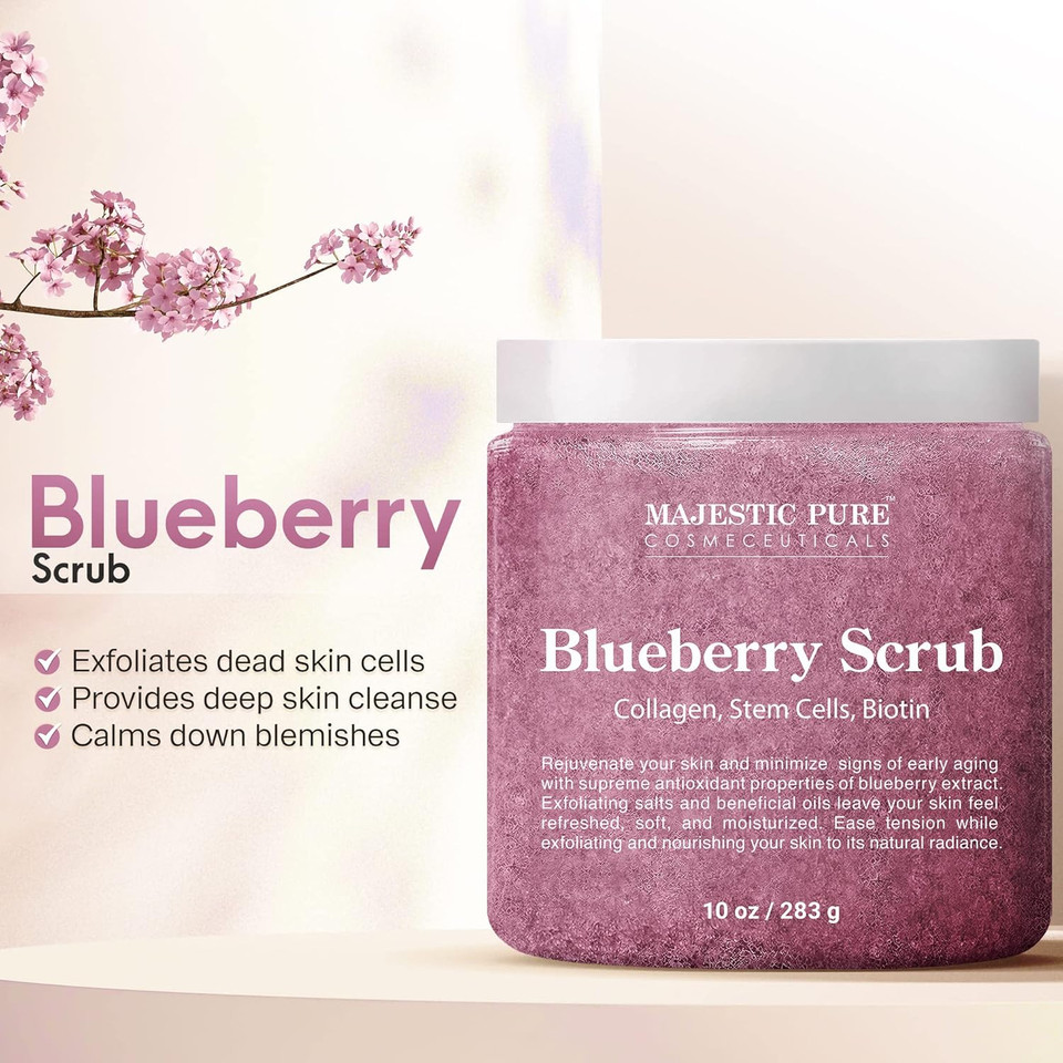 Majestic Pure Blueberry Body Scrub, With Collagen, Stem Cell & Biotin - Exfoliating Body Scrub To Exfoliate, Smooth & Moisturize Skin - Deep Cleansing & Hydrating, Skin Care For Men And Women - 10 Oz
