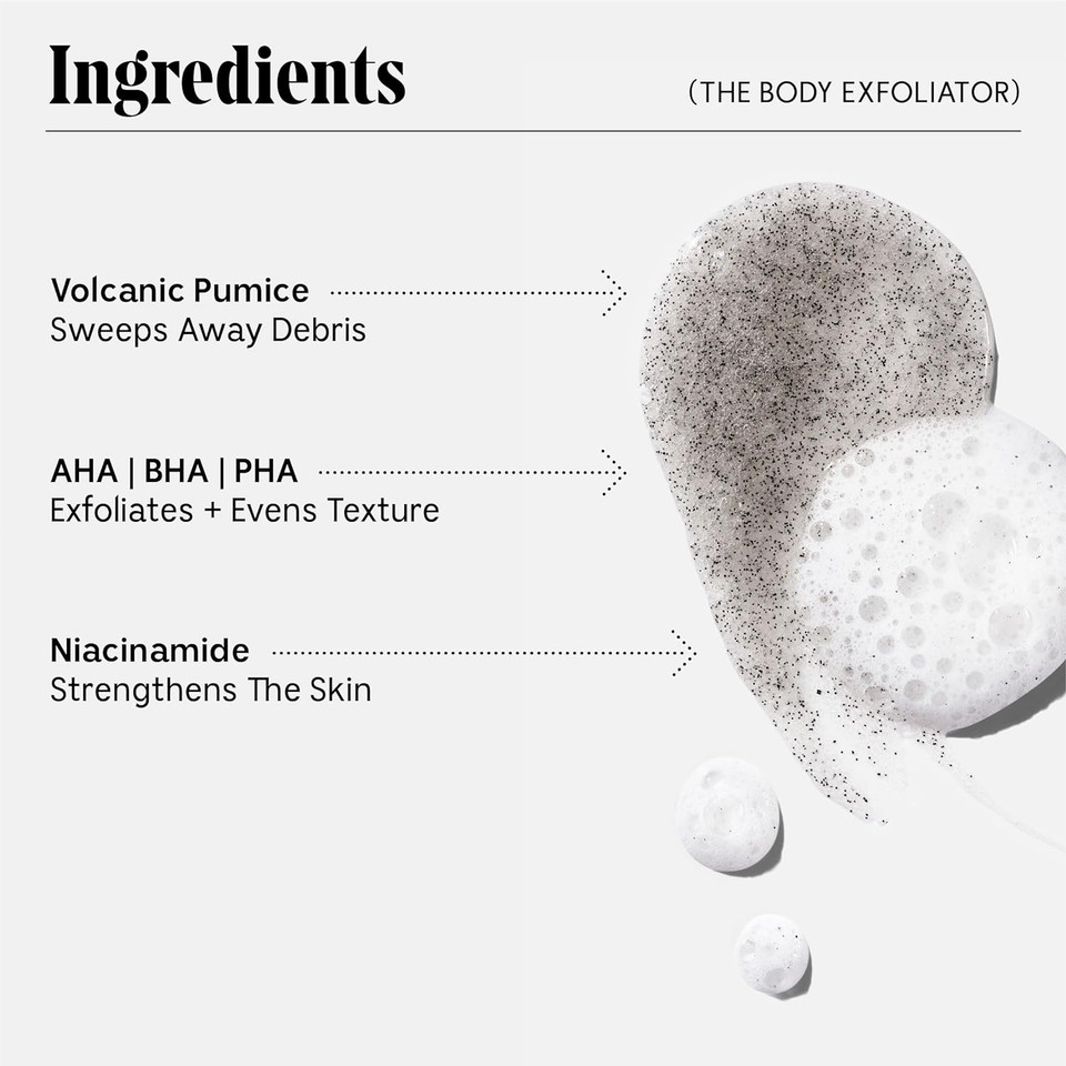 Nã£Â©Cessaire The Body Exfoliator. Bergamot. Aha/Bha/Pha. Activated Charcoal. Erase Kp. Smooth Rough Patches. Release Ingrowns. Hypoallergenic. Dermatologist-Tested. Non-Comedogenic. 180 Ml / 6.1 Fl Oz