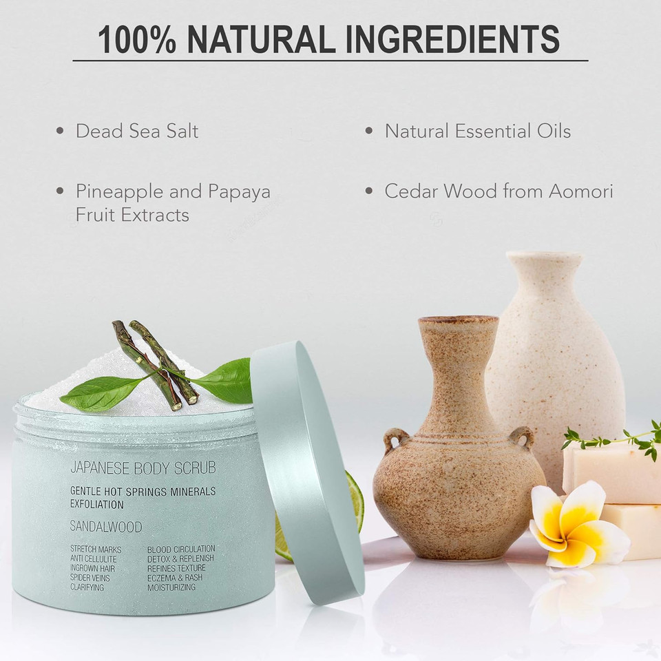 Onsen Secret Exfoliating Body Scrub, Dead Sea Salt With Natural Japanese Hot Spring Minerals, Coconut Oil, Jojoba Oil, Japanese Body Scrub For Women, (Sandalwood) Onsen Secret Exfoliating Body Scrub, Dead Sea Salt With Natural Japanese Hot Spring Minerals, Coconut Oil, Jojoba Oil, Japanese Body Scrub For Women, (Sandalwood)