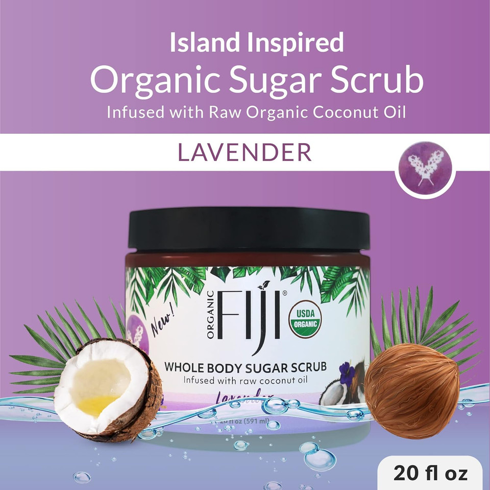 Organic Fiji Whole Body Scrub - Infused with Coconut Oil, Exfoliating Sugar Scrub for Smooth and Soft Skin, Exfoliates & Restores Skin's Natural Biosphere, Lavender 20 oz