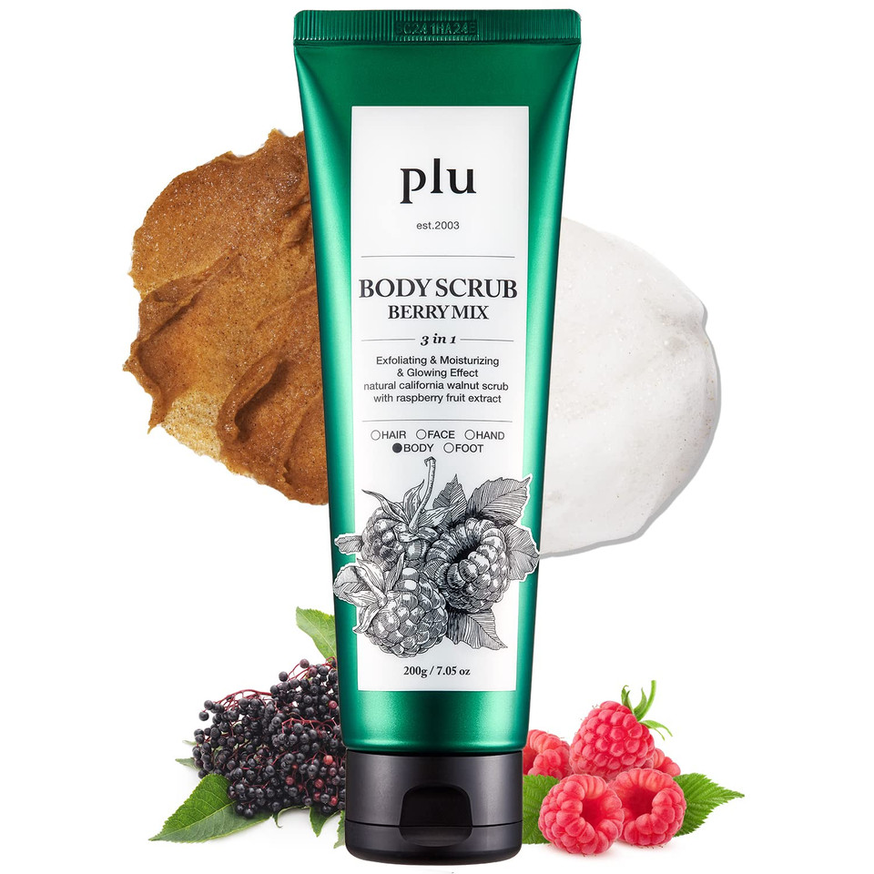 Plu Original Walnut Body Scrub Polish - Berry Mix - Exfoliating & Moisturizing & Glow - For Acne, Cellulite, Stretch Marks, Spider Veins - Sweet Raspberry & Acai Berry Scent, 6.76 Oz