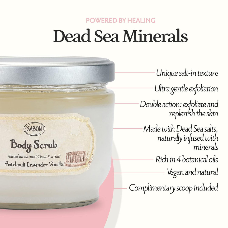 Sabon Large Body Scrub  Patchouli Lavender Vanilla | Exfoliating Dead Sea Salt Body Scrub | Patchouli, Lavender, Vanilla | For All Skin Types | 21.2 Oz