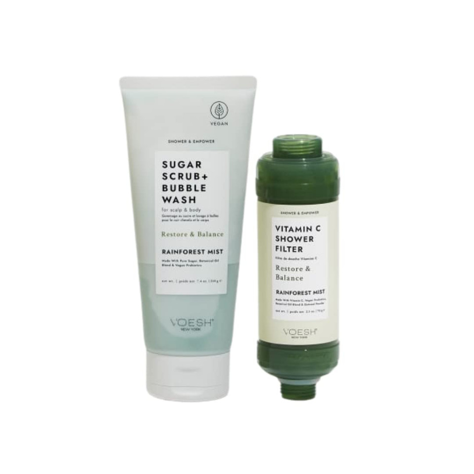 Voesh Shower & Empower Duo, Vitamin C Shower Filter, Exfoliating Sugar Scrub, Body Wash, Clean Shower Care Set, Vegan Skincare, Spa Gift, Clean Beauty