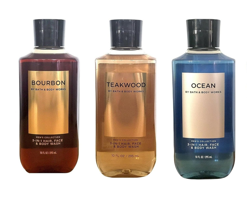 Bath and Body Works 3 Pack 2-in-1 Hair + Body Wash Teakwood, Ocean and Bourbon. 10 Oz