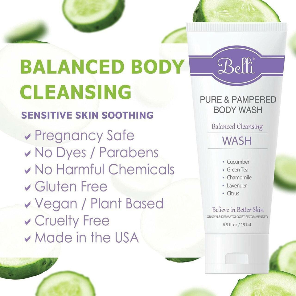 Belli Skincare Pure and Pampered Body Wash, Moisturizing Skin Cleanser, Contains Cucumber Green Tea Extracts, For All Skin Types, Dermatologist recommended, 6.5 Oz