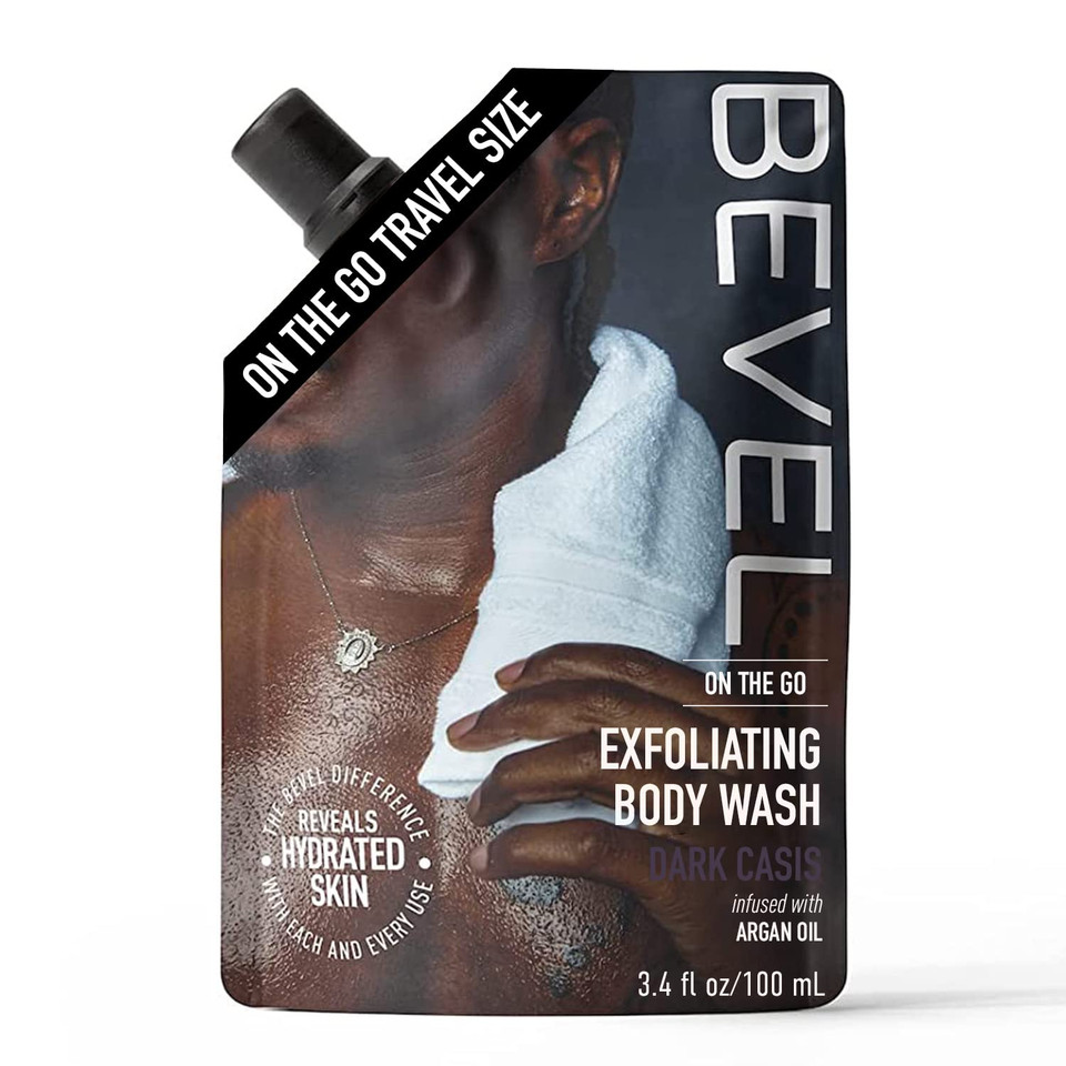 Bevel Exfoliating Body Wash For Men, Dark Cassis Scent With Charcoal And Moisturizing Argan Oil, On-The-Go Pouch, Travel Essentials, Tsa Friendly, 3.4Oz