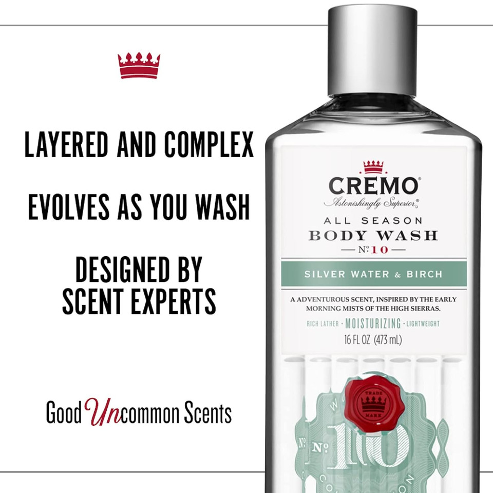 Cremo Rich-Lathering Silver Water & Birch Body Wash, A Revitalizing Combination Of Glacier-Fed Streams And White Birch 16 Fl Oz Cremo Rich-Lathering Silver Water & Birch Body Wash, A Revitalizing Combination Of Glacier-Fed Streams And White Birch 16 Fl Oz