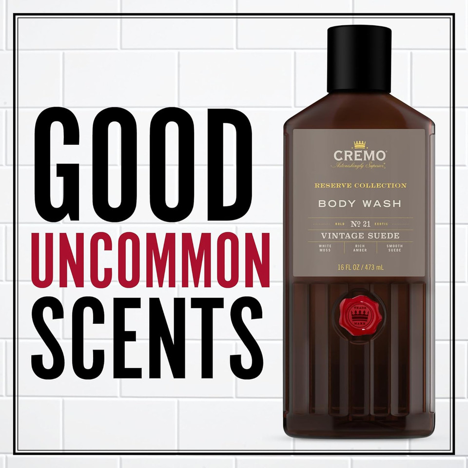 Cremo Rich-Lathering Vintage Suede Body Wash, A Vintage Suede With Notes Of White Moss And Rich Amber, 16 Fl Oz