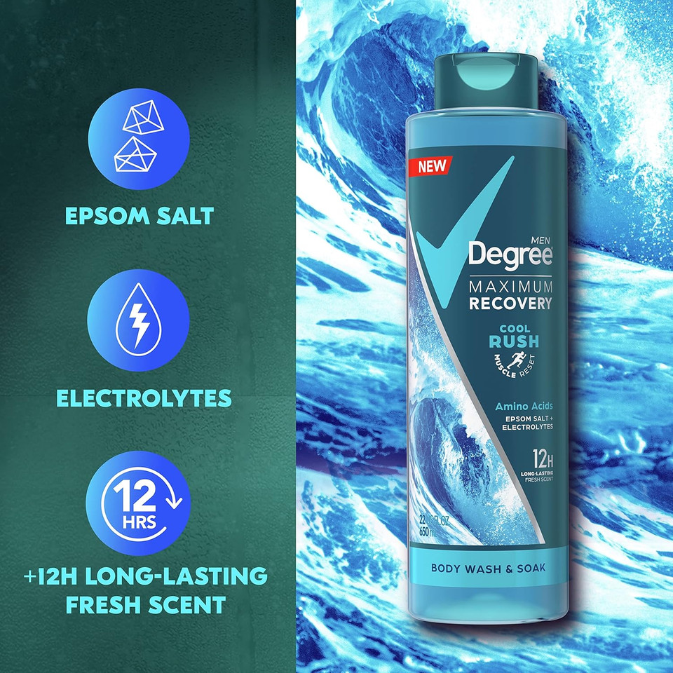 Degree Men Body Wash And Soak For Post-Workout Recovery Skincare Routine Cool Rush + Epsom Salt + Electrolytes Bath And Body Product 22 Oz 4 Count