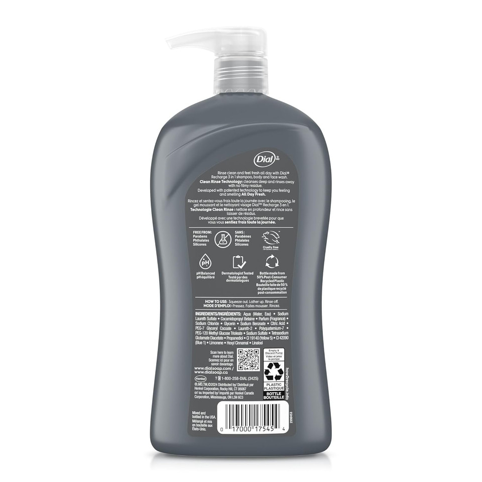 Dial Men 3In1 Body, Hair And Face Wash, Hydro Fresh, 32 Fl Oz