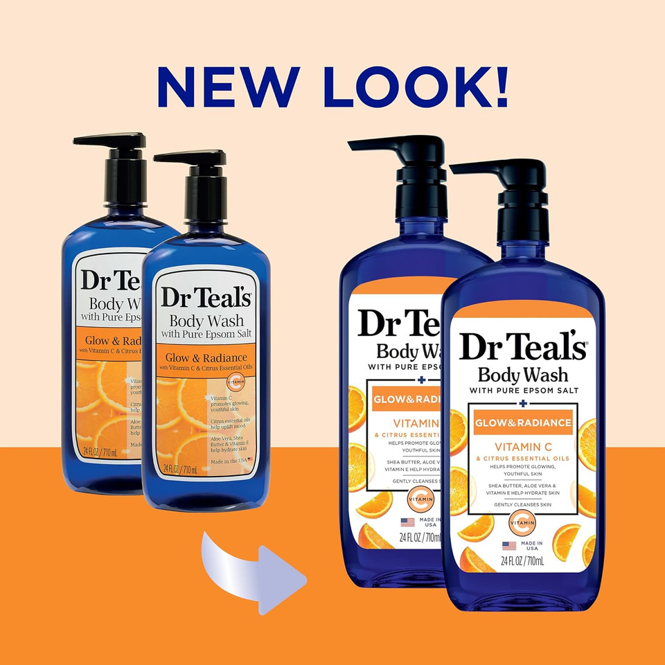 Dr Teal'S Body Wash With Pure Epsom Salt, Glow & Radiance With Vitamin C & Citrus Essential Oils, 24Oz (Pack Of 2) (Packaging May Vary)24 Fl Oz (Pack Of 2)