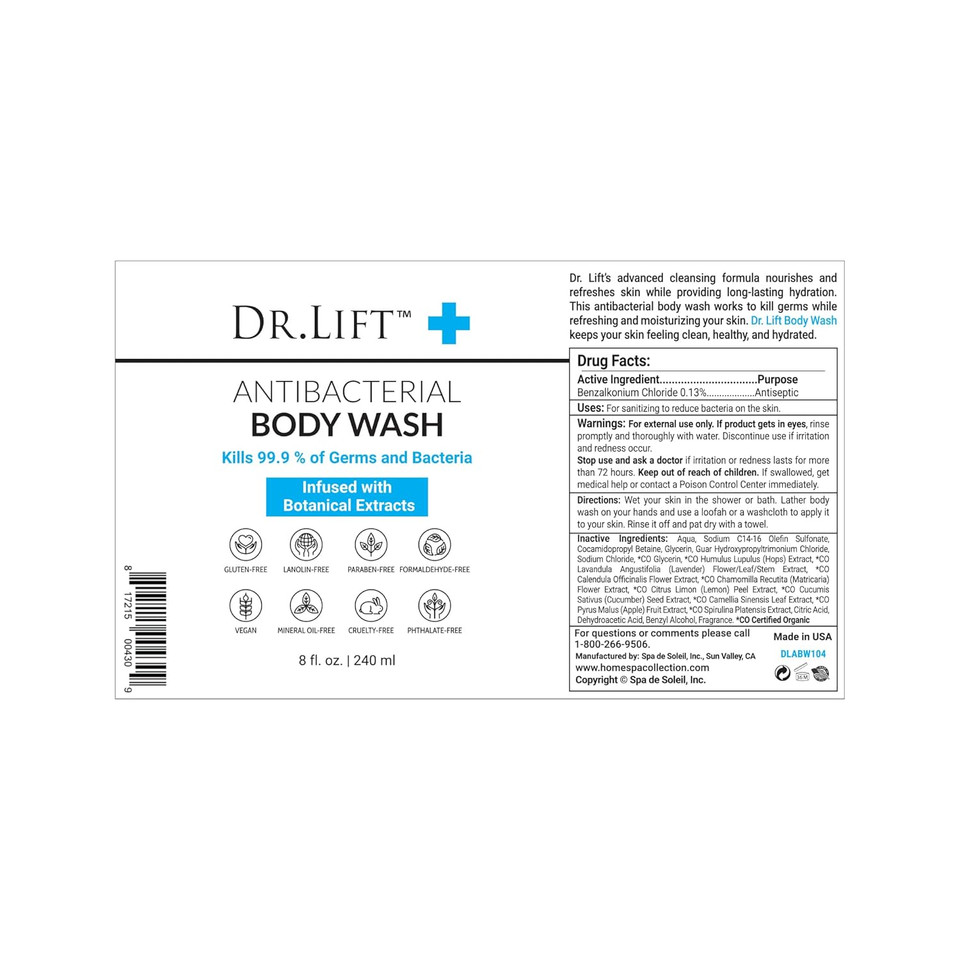 Dr. Lift Antibacterial Body Wash, 8 Oz - Gentle & Effective Shower Gel - Made In America