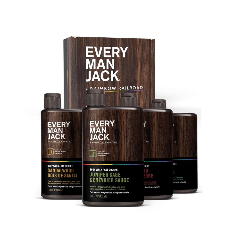 Every Man Jack Body Wash Variety Box - Includes Four Body Washes With Clean Ingredients & Incredible Scents - Round Out His Routine With Sandalwood, Cedarwood, Juniper Sage, & Sea Salt Body Washes